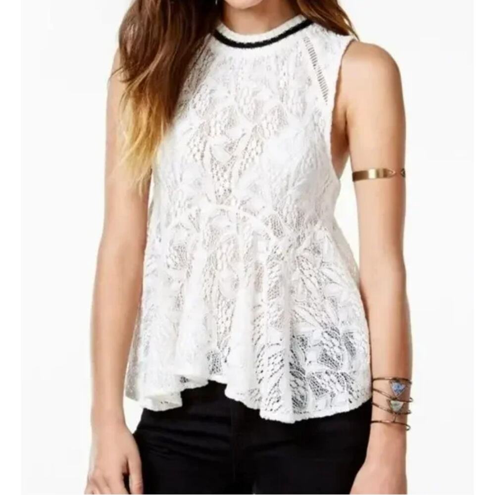 Free People Lace Peplum Tank Top w/ Keyhole Back, Ribbed Collar Trim – Size S